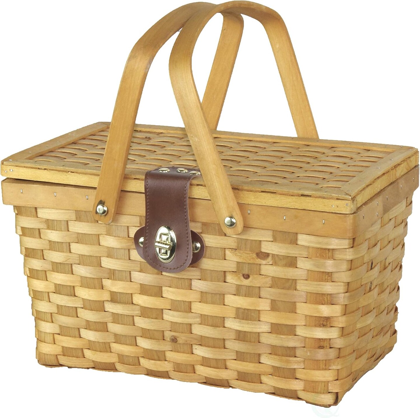 Gingham Lined Woodchip Picnic Basket with Lid and Movable Handles