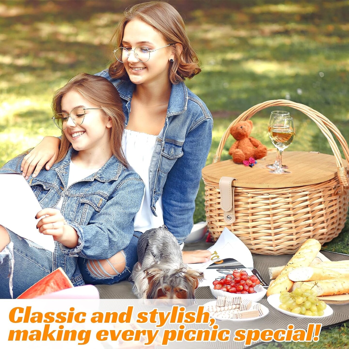 Dual Wicker Picnic Basket Set with Blanket for 2 - Unique Gifts Ideas for Couple, Engagement, Wedding, Bridal Shower, Family