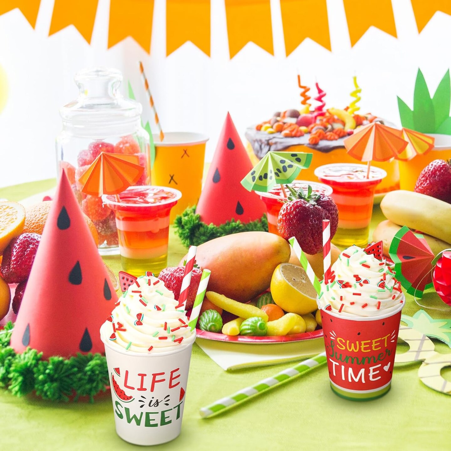 Summer Tiered Tabletop Decor, Pink Green Watermelon Tray Decorations, Hello Summer Sweet Popsicle Gnome Wooden Sign, Farmhouse Rustic Decorations for Home Table