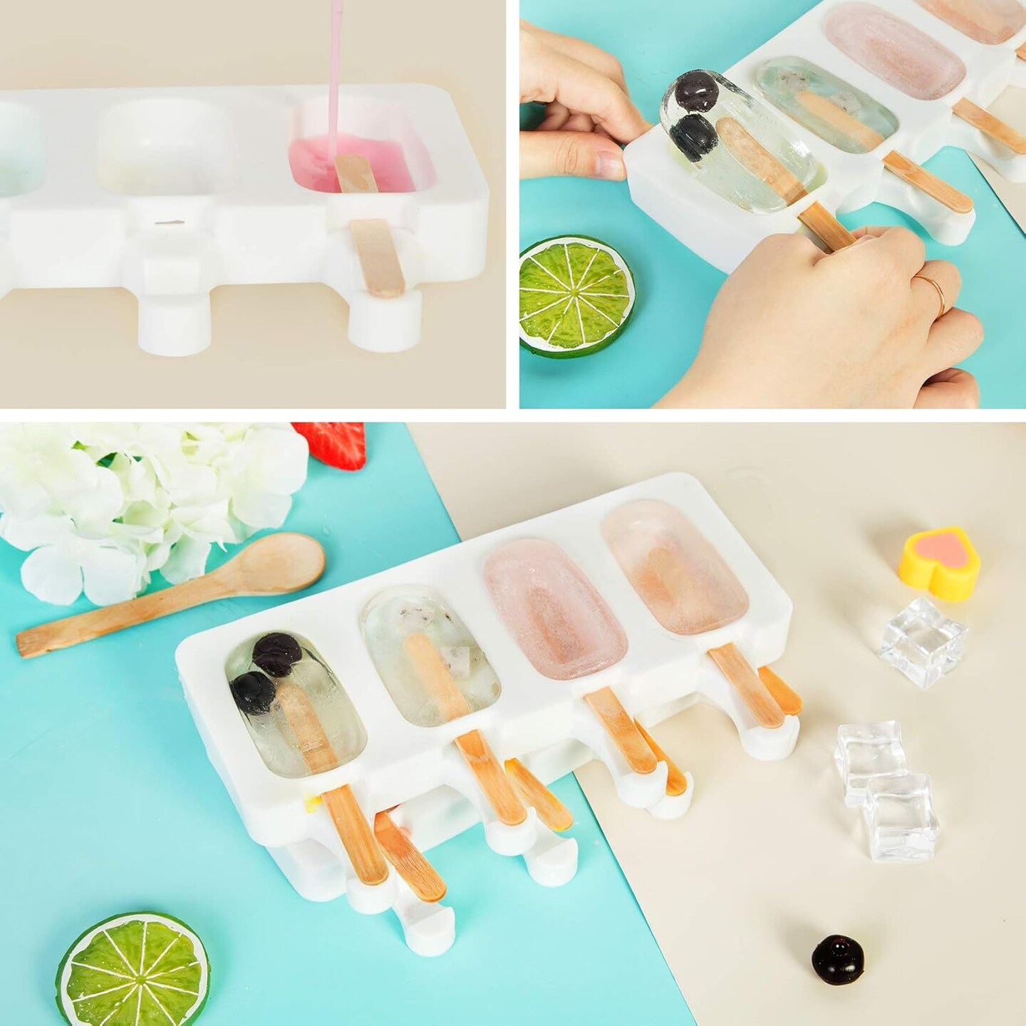 Popsicle Molds Set of 3, 12 Cavities Silicone Popsicle Molds &#x26; Ice Cake Pop Mold Maker Oval with 50 Wooden Sticks &#x26; 50 Self-adhesive Bags for DIY Cake and Ice Cream