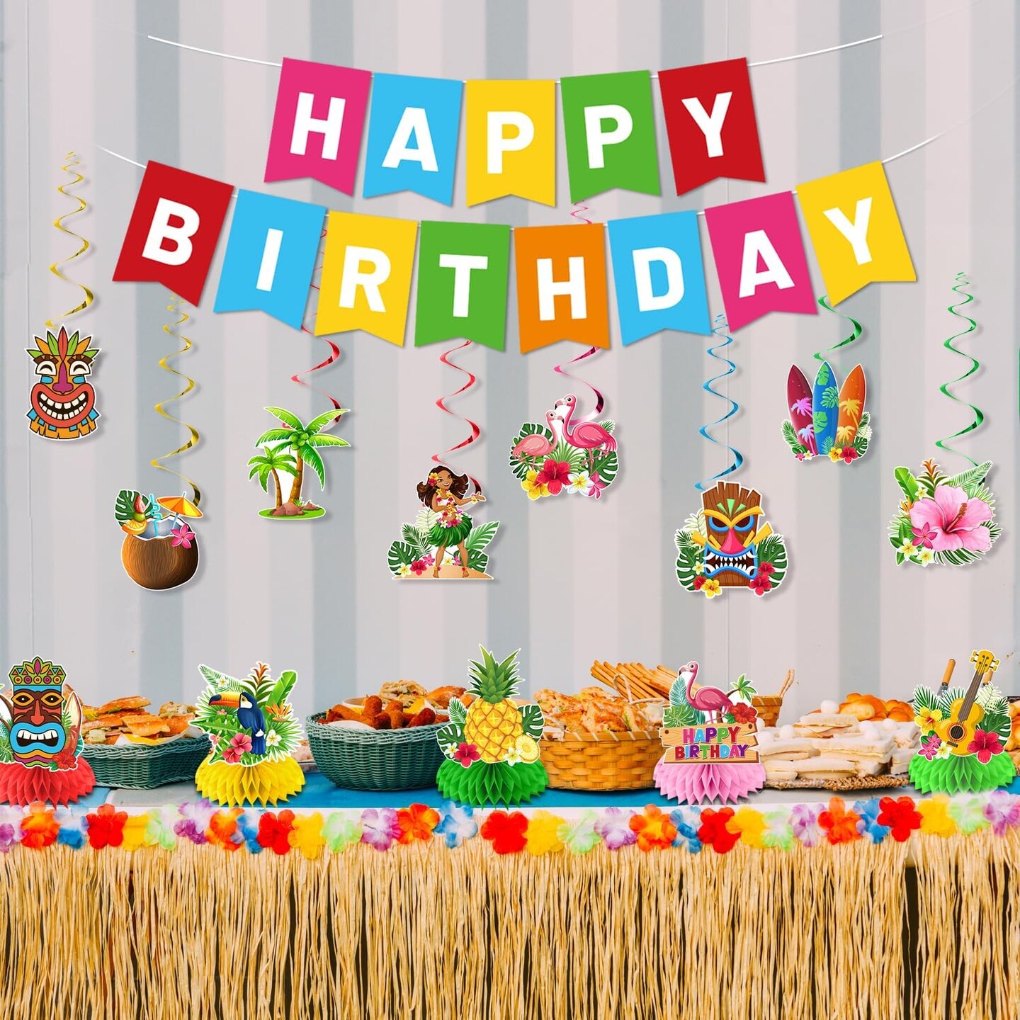 Aloha Beach Themed Party Decorations - Hawaiian Luau Birthday Supplies with Banner Honeycomb and Hanging Swirls for Tropical Summer Pool Party