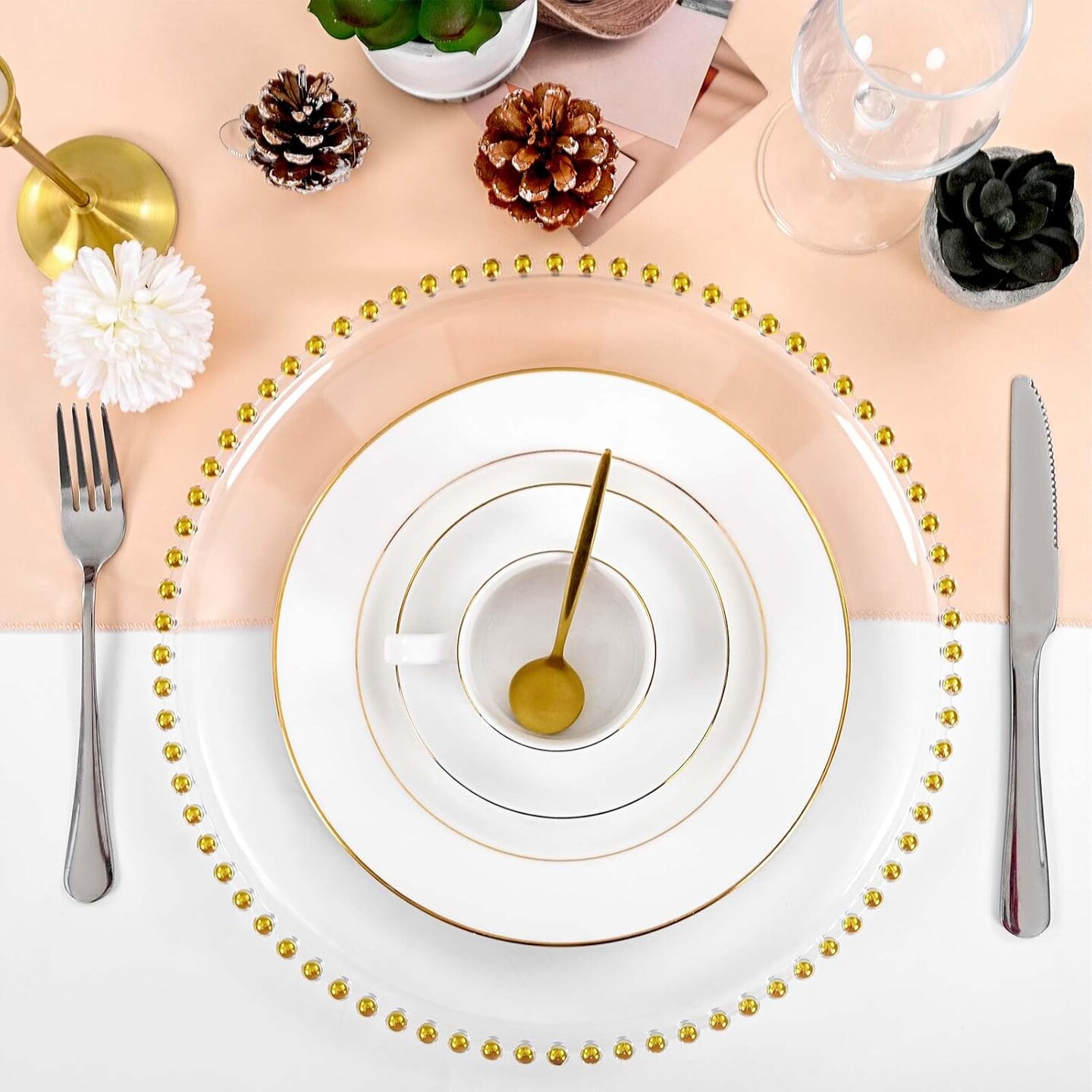 24 Pack Gold Clear Charger Plates With Beaded Rim, 13 Inch Dinner Charger Plates, Bulk Plastic Floral Table Charger Plates for Dinner Wedding Table Setting Decoration(Gold)