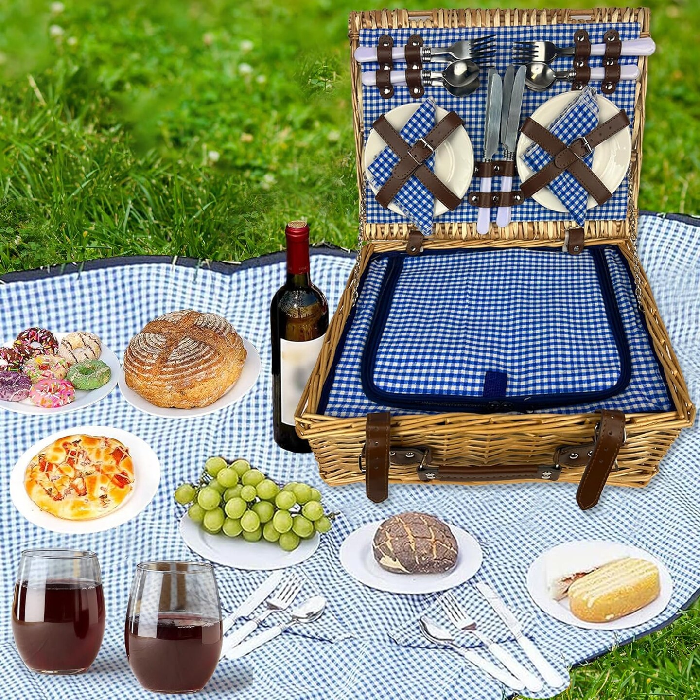 Picnic Basket Set, Wicker Basket with Handle for Outdoors, Insulated Woven Basket, Includes a Service Kit of Dinnerware &#x26; Wine Glasses, Picnic Basket Set for 4 with Blanket, Blue &#x26; White