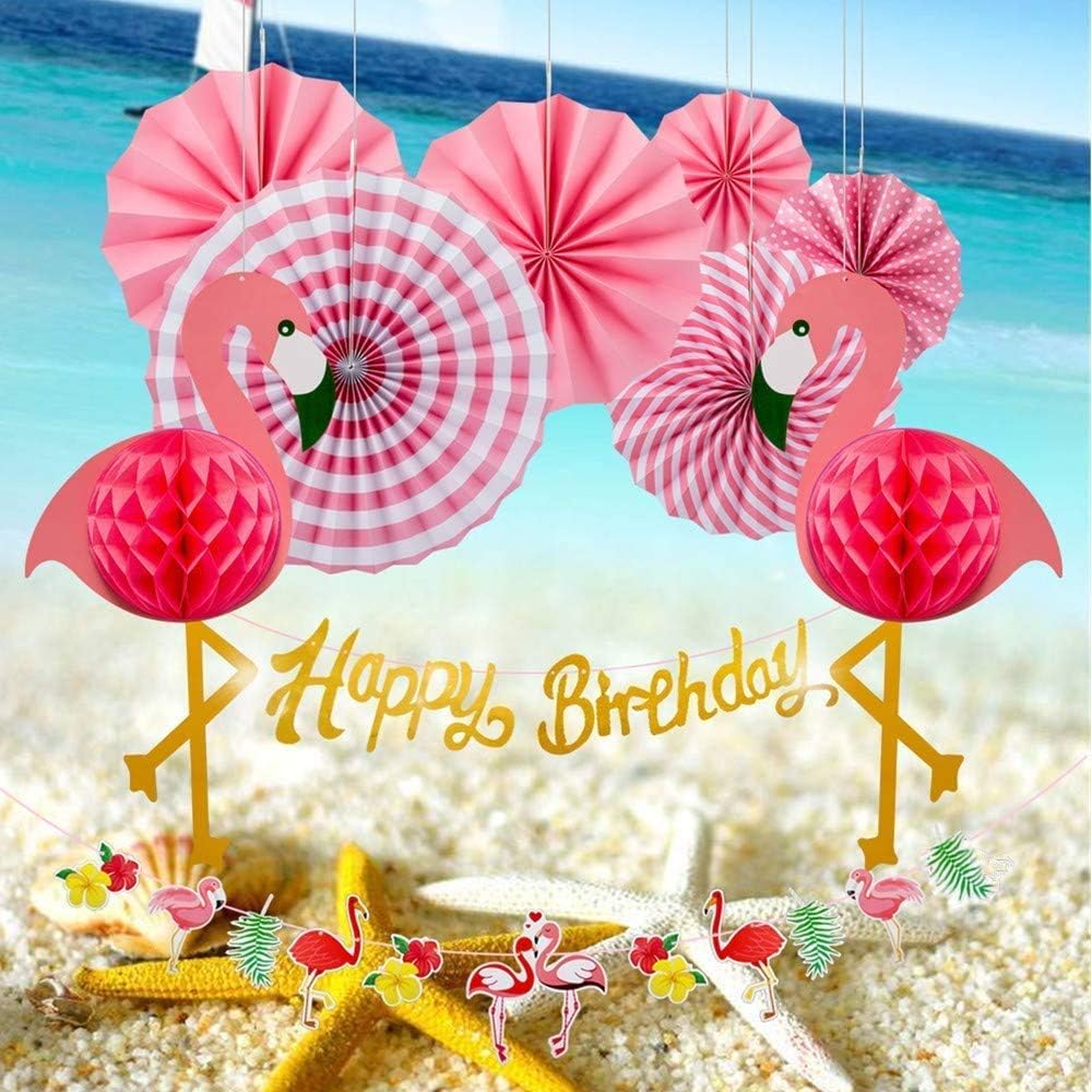 Flamingo Party Honeycomb Decoration, Hanging Pink Paper Fans, Birthday Banners, Swirl Decorations