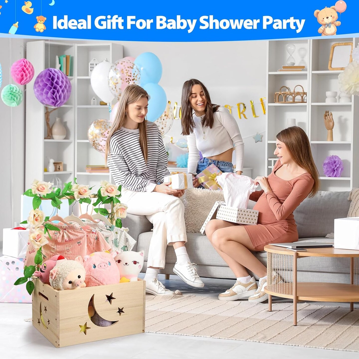 Wooden Baby Shower Crate Closet, Personalized Shower Basket Wooden Crate Box with Handle, Easy Assembly Baby Gift Basket, Pregnancy Gifts for New Parents with Hanger &#x26; Garland