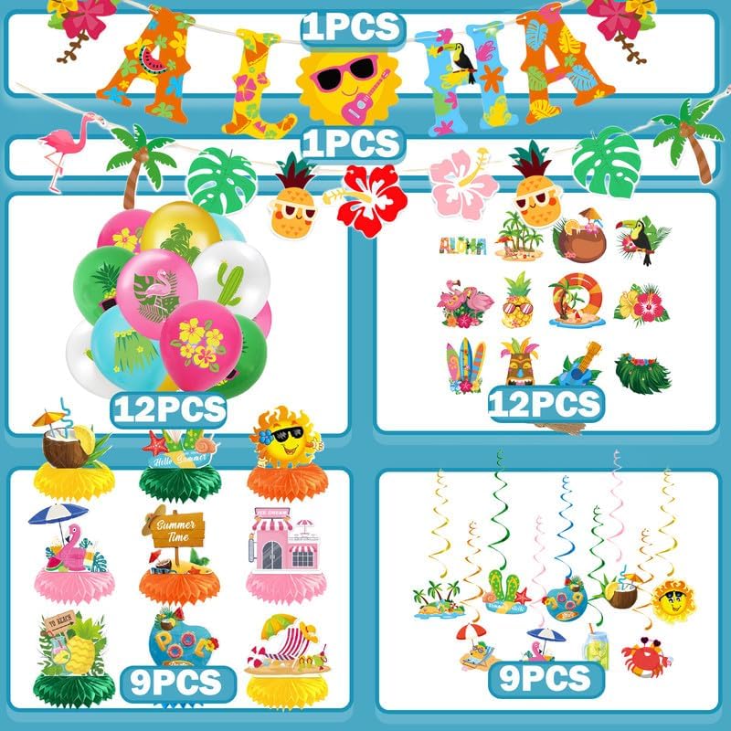 Summer Pool Party Decorations,Hawaiian Luau Party Decorations,Banner,Honeycomb Centerpieces,Foil Hanging Swirls,Hanging Card,Banner,Balloons,Beach Birthday Decor for Party