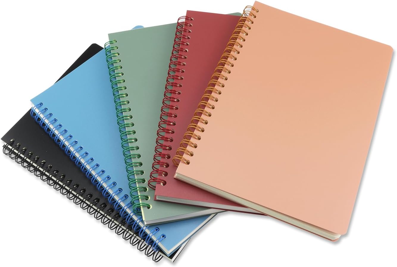 5 Pack Spiral Notebooks 8.3" x 5.7", 80 Sheets College Ruled Notebook with Plastic Waterproof Cover, A5 Lined Journal