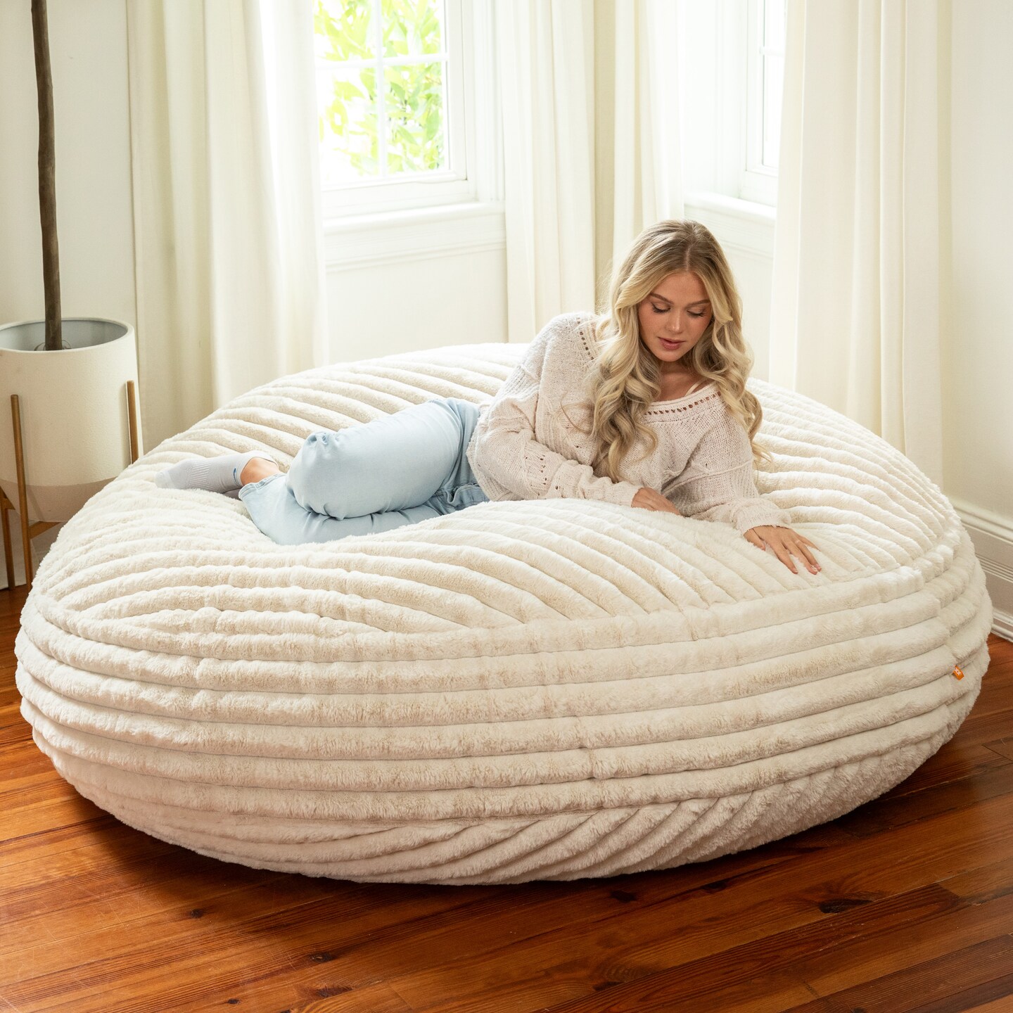 CC Home Furnishings Large Faux Fur Round Cocoon Bean Bag Chair - 6' - Cream