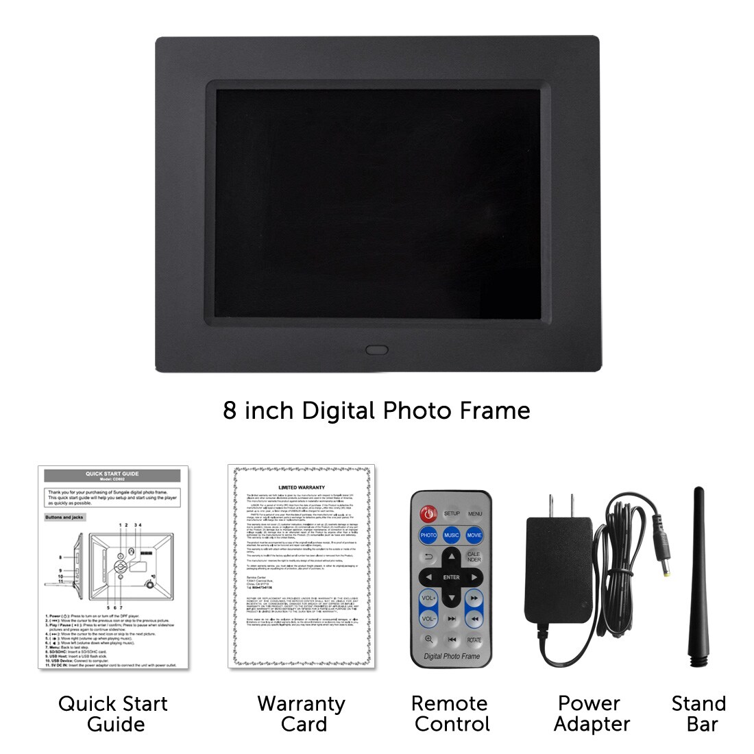 8 Inch Digital Photo Frame, Multimedia Player, Photo/Audio/Video with Built-In Storage, USB Port, and SD Card Slot