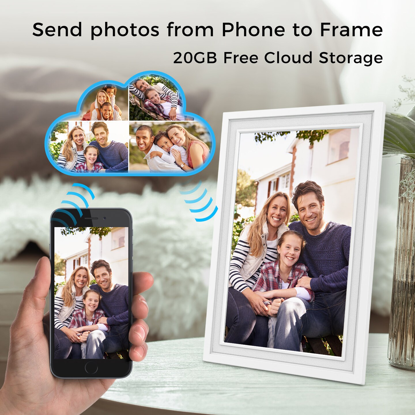 10” Cloud Frame, Send Photos Remotely, IPS HD Touch Screen, 20GB Free Cloud Storage, Remote Management via Computer or App, Effortless Setup, Auto-Rotate, Instant Photo Sharing