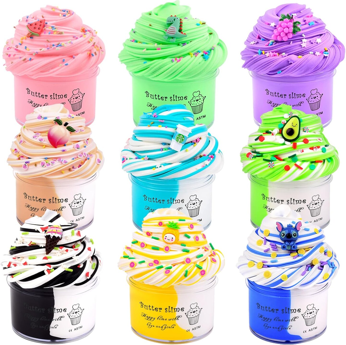 Butter Slime Kit 9 Pack, with 9 Slime Charms, Soft and Non-Sticky