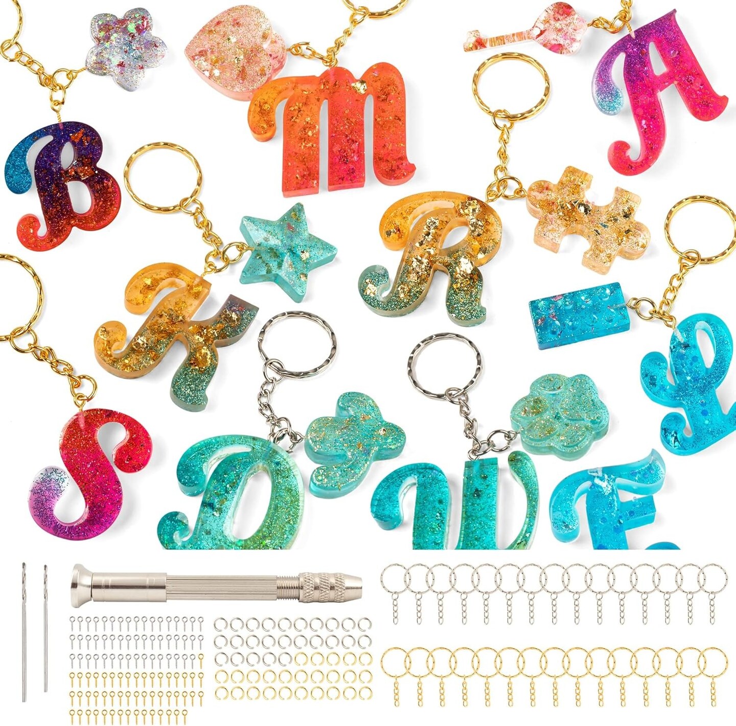 182 Pcs Fancy Alphabet Resin Mold Kit Silicone Letter Keychain Molds with Drill Key Rings and Screw Pins