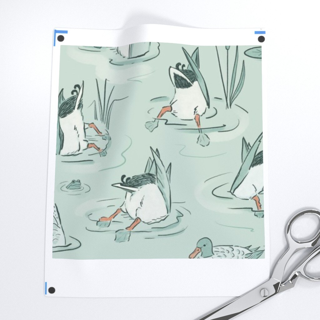 Quirky Whimsical Lake Duck Cabin House Cottage Animals Mallard Cattails Nature Lily Pad Water Playful Cabincore Cottagecore Novelty Blue Custom Printed Fabric by Spoonflower Various Fabrics by the Yard or Fat Quarter