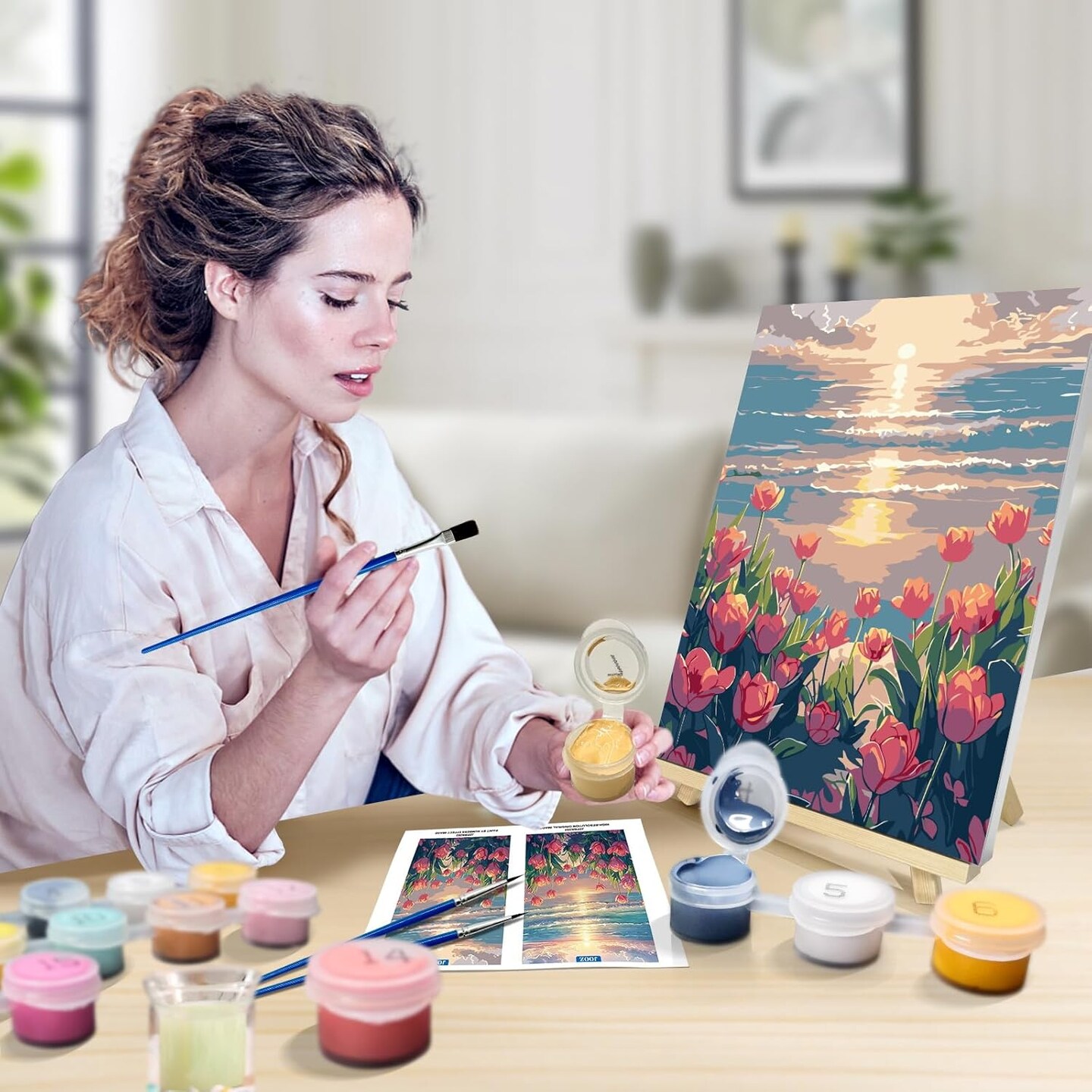 Paint By Number Kits for Adults with Frame & Easel – Floral Tulip Seaside Sunset DIY Acrylic Paint by Numbers Kit on Canvas for Beginners, Home Wall Decor Art Set, 8x12 Inch