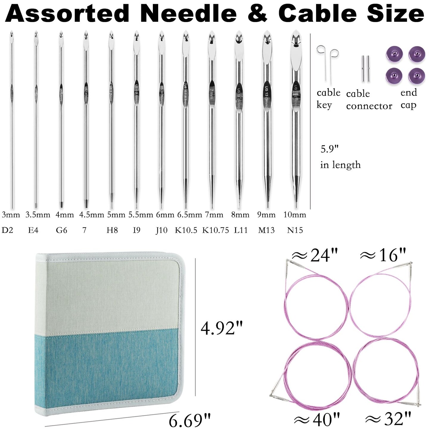 Tunisian Crochet Hooks Set with Cable, Afghan Crochet Hooks Interchangeable, Size from 3mm-10mm Aluminium Crochet Knitting Needles for Crocheting