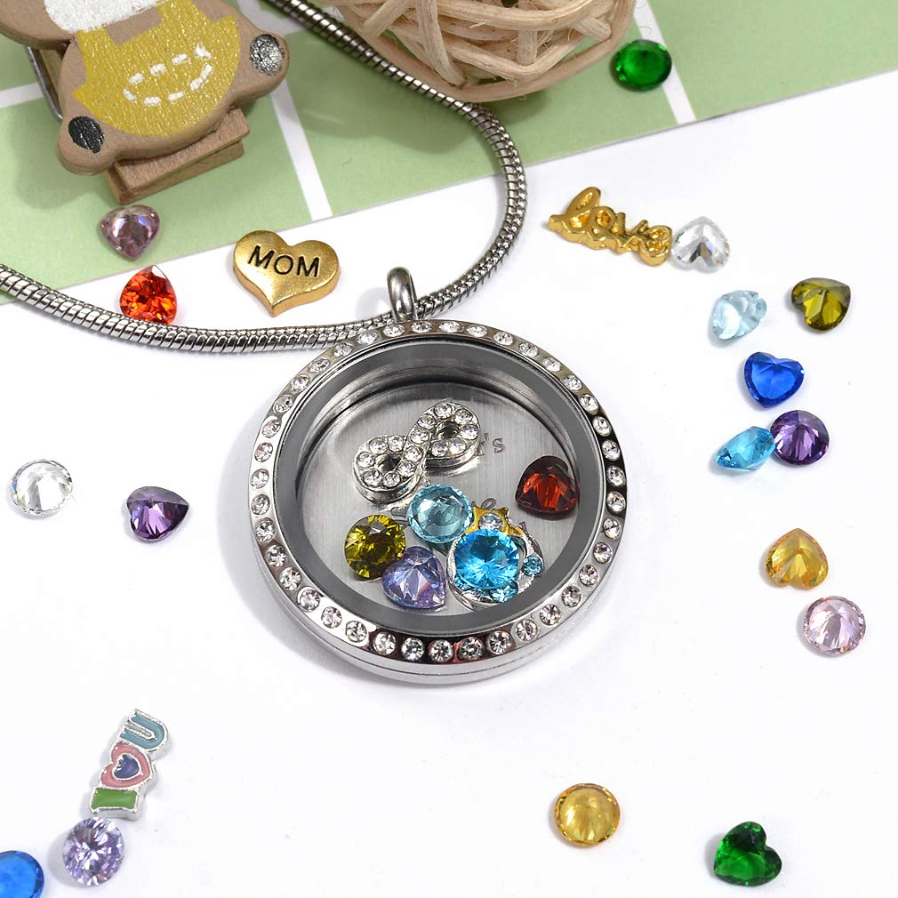 A Mothers Love Has No End Floating Locket Necklace Pendant with Charms & 24PCS Birthstones, Mother's Day Birthday Xmas Gifts