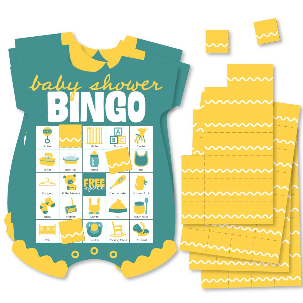 Big Dot of Happiness Teal Green and Yellow Wavy Baby Shower Bingo Cards and Markers, Teal Retro-Themed Party Activity, Picture Bingo Game - Set of 18