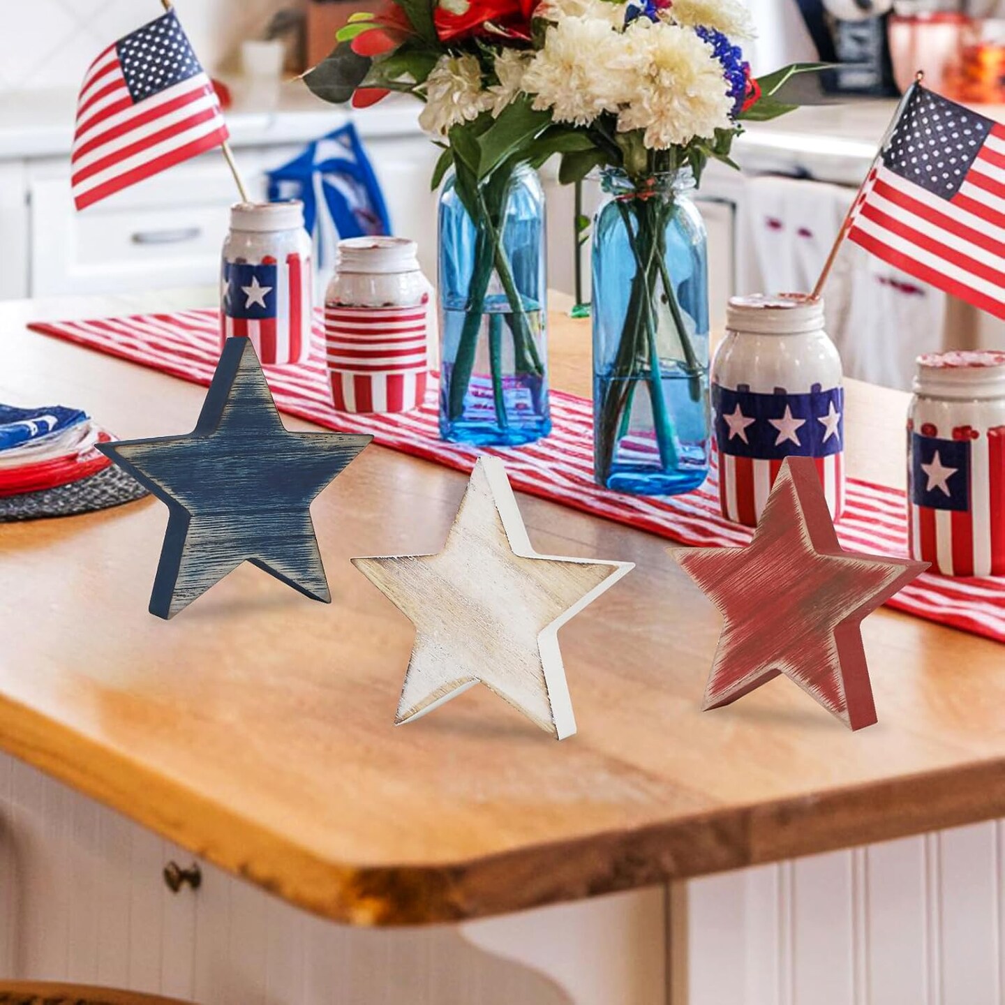 4th of July Decorations – 6-Piece Patriotic Wooden Star Set, Red, White & Blue Retro Table Decor for Tiered Trays, Home, Office, Memorial & Veterans Day
