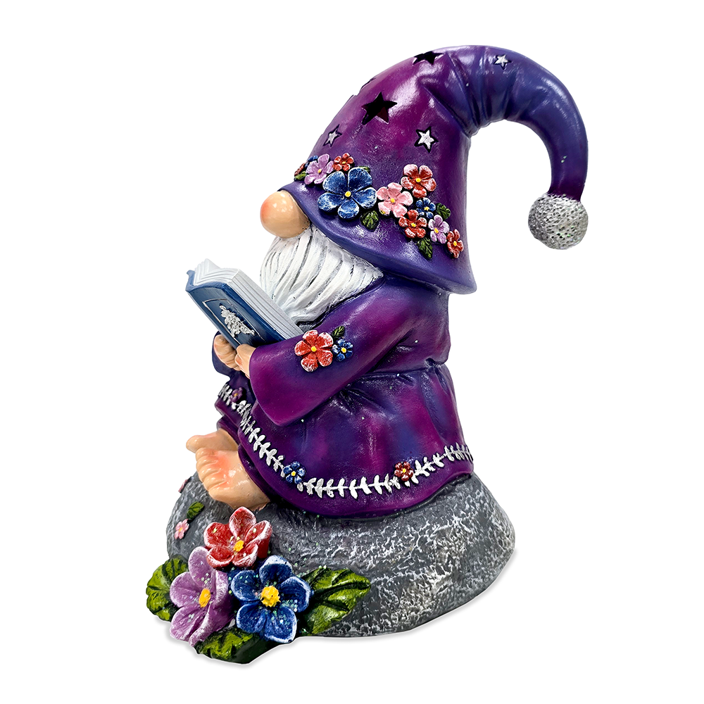 Enchanted Wisdom Solar Book Reader Gnome Figurine, 8" Lighted Lavender Purple Garden Statue