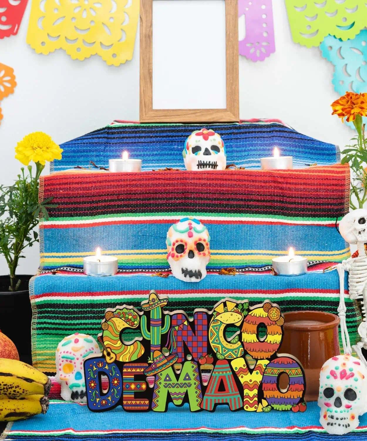 Cinco de Mayo Wooden Ornaments – Colorful “Cinco de Mayo” Letter Sign – Mexican Fiesta Table & Shelf Decor with Cactus, Sombrero, Guitar & Taco Designs – MDF Freestanding Party Decoration – Perfect for Mother's Day Card Making Displays