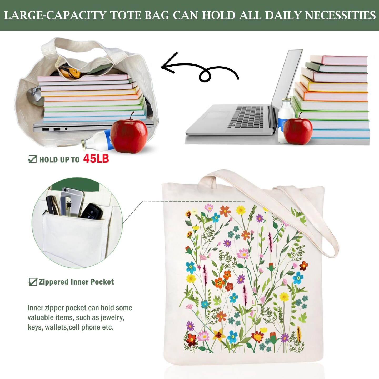 Canvas Tote Bag for Women Aesthetic Cute Shopping Grocery Reusable Bags with Inner Zipper Women Gift