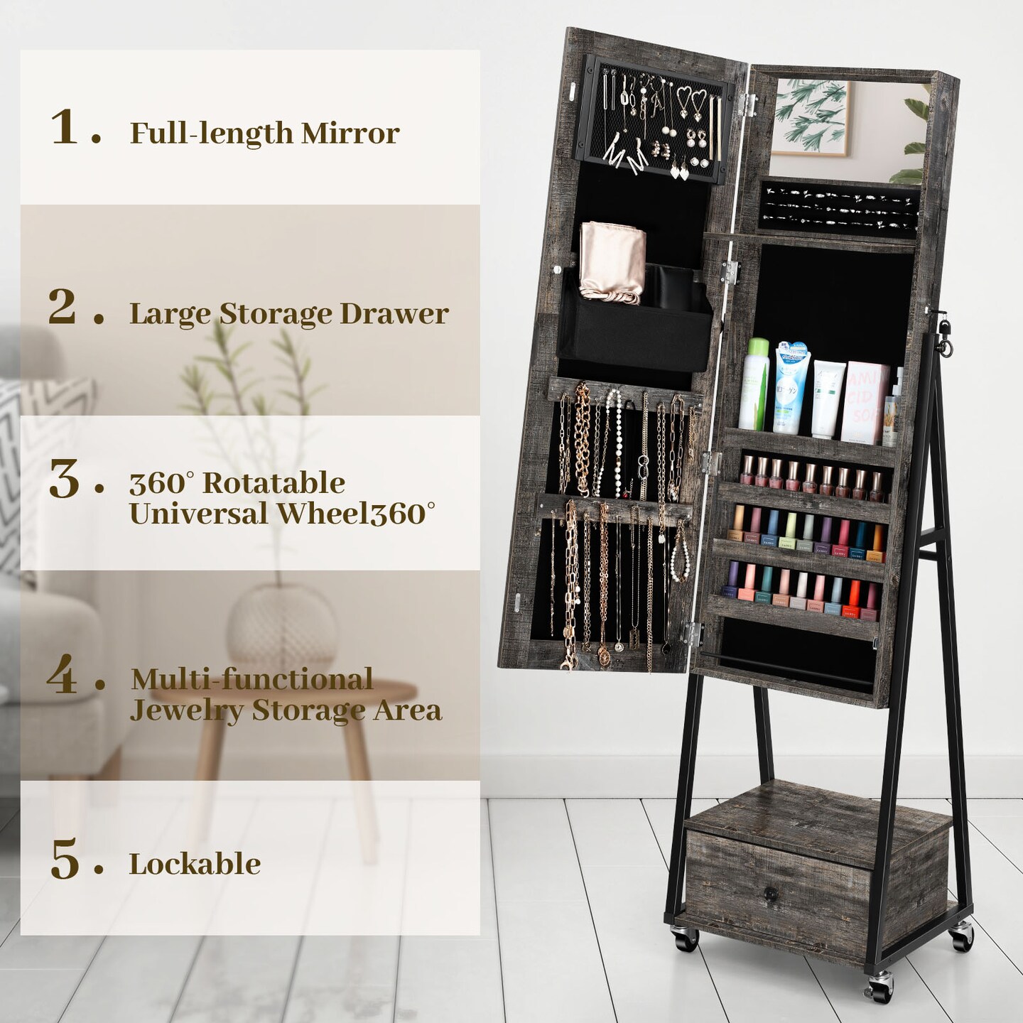 Rustic Lockable Full Length Mirror Jewelry Armoire, Rolling Freestanding Makeup Jewelry Storage Cabinet with Large Drawer