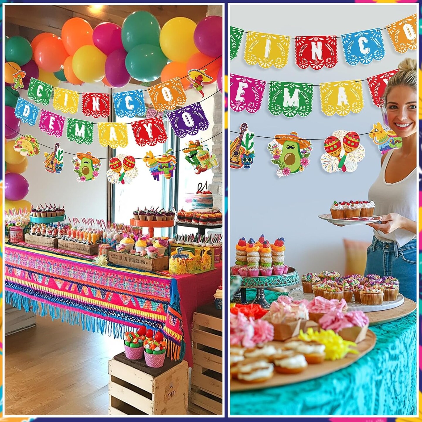 3 Pcs Cinco de Mayo Fiesta Banners – Mexican Party Hanging Garlands with Sombrero, Cactus, Donkey & Guitar – Colorful Mexican Fiesta Decorations for Birthday, Carnival & Mother's Day Card Making