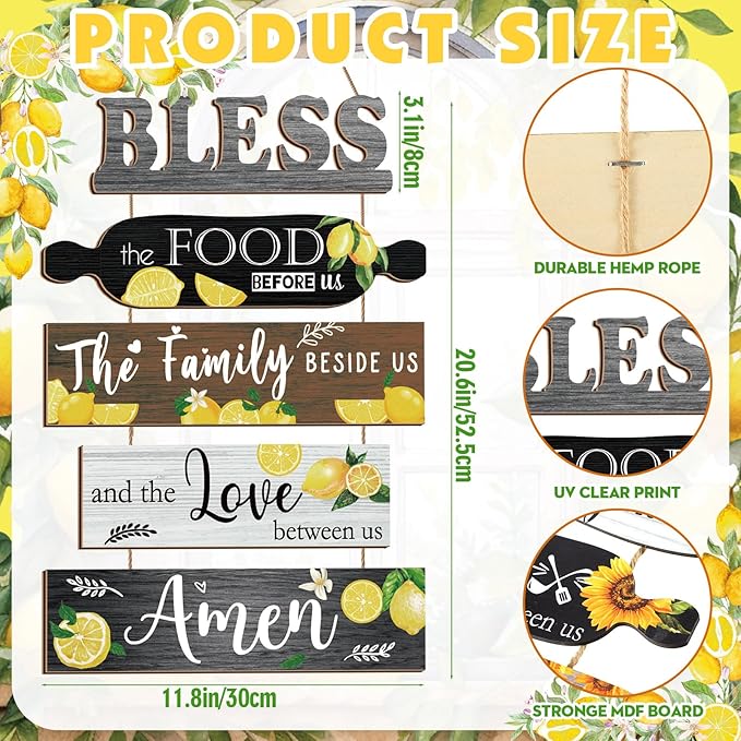 5 Pieces Kitchen Wall Decor Bless the Food Before Us Sign Farmhouse Rustic Dining Room Wall Art Wooden Hanging Signs for Kitchen Decor Hanging Plaque for Home(Lemon)
