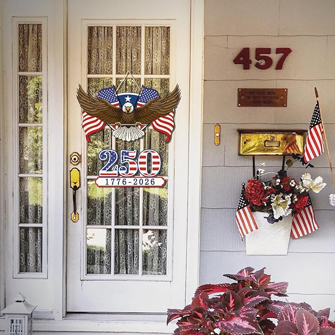 250th Anniversary America Wooden Door Sign - 1776-2026 Commemorative Eagle Hanging Decor - 12" Rustic Red, White, and Blue Patriotic Wall Art for 4th of July and Memorial Day