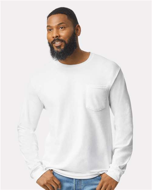 Gildan® Classic Fit Long Sleeve Crewneck Pocket T-Shirt Cotton Blend Durable Tee