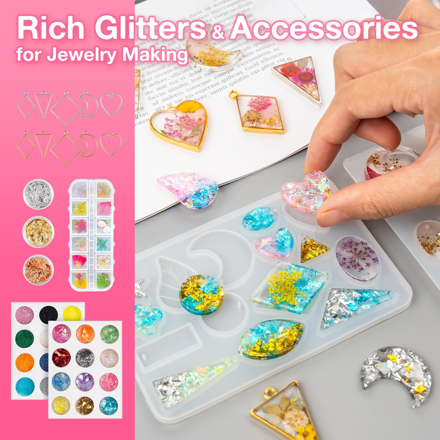 300g UV Resin Kit with Light and Molds, Upgraded Crystal Clear Hard UV Curing Premixed Resin Starter Jewelry Making Kit for DIY Keychain, Earring and Necklace