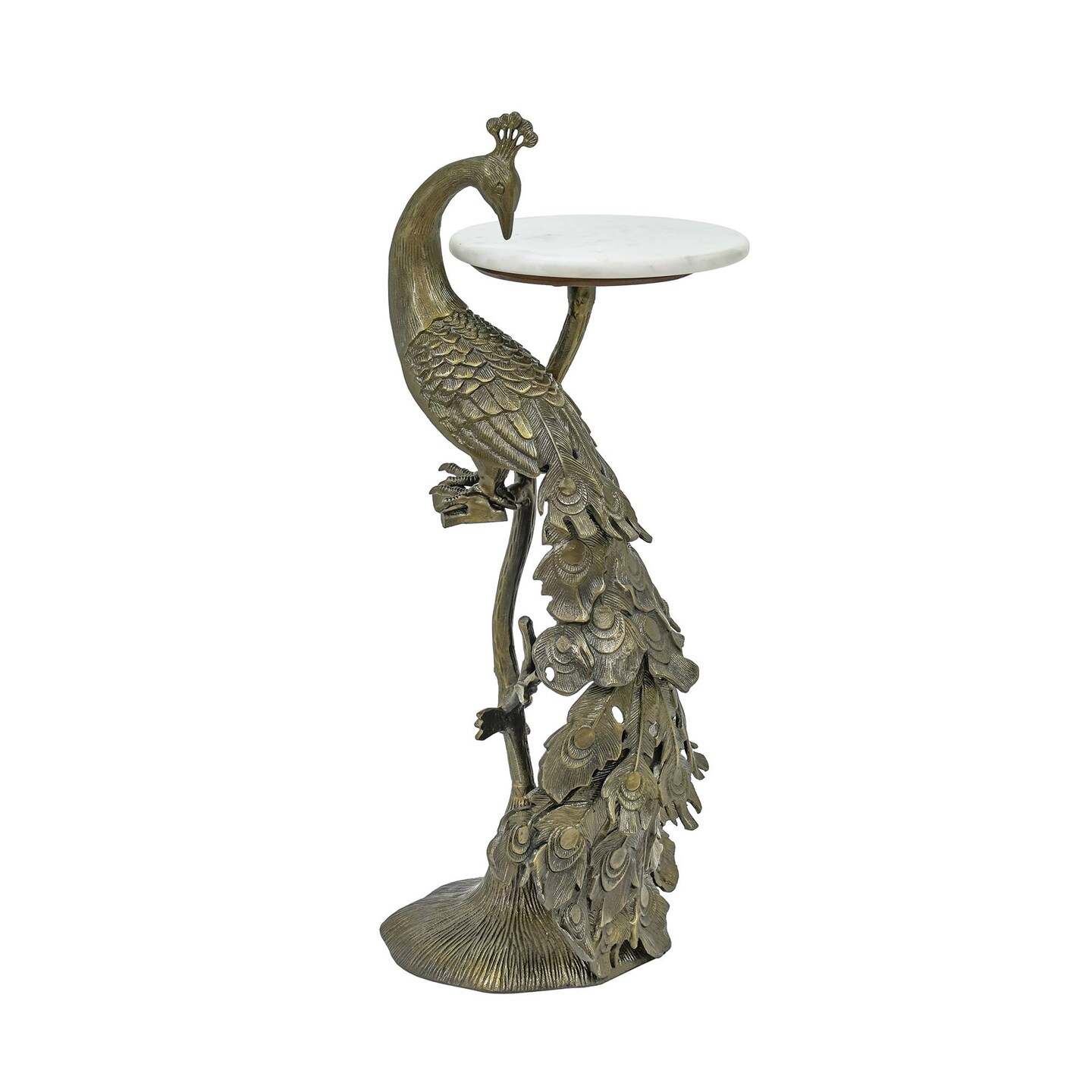 Peacock Side Table with White Marble Top | Decorative Sculptural End Table | Aluminum Base | Antique Brass Accent Table for Living Room | 10x10x29"