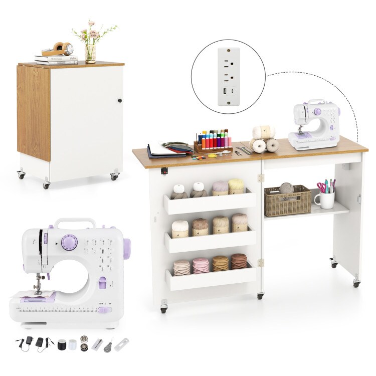 Portable Mobile Folding Sewing Cabinet with USB Charging Port and