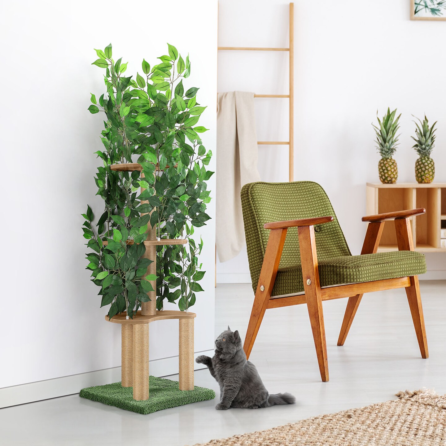 Stable Anti-Tip Indoor Cat Tree Tower, Artificial Foliage Multi-Layer Sisal Cat Scratching Stand with Rest Platforms