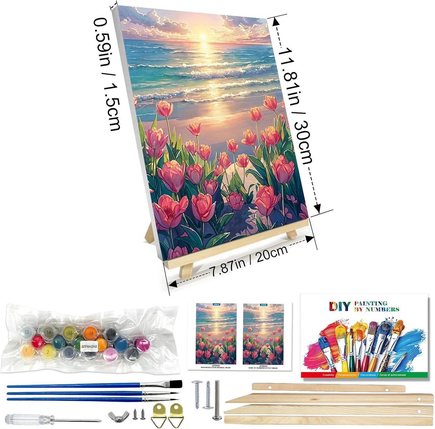 Paint By Number Kits for Adults with Frame & Easel – Floral Tulip Seaside Sunset DIY Acrylic Paint by Numbers Kit on Canvas for Beginners, Home Wall Decor Art Set, 8x12 Inch