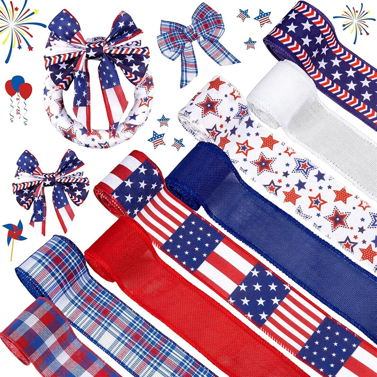 8 Rolls Patriotic Wired Edge Ribbon Set – 2.5" x 26 Yards Total, USA Flag Star Stripe & Burlap Fabric Ribbon for 4th of July, Wreaths, Gift Wrapping & DIY Crafts