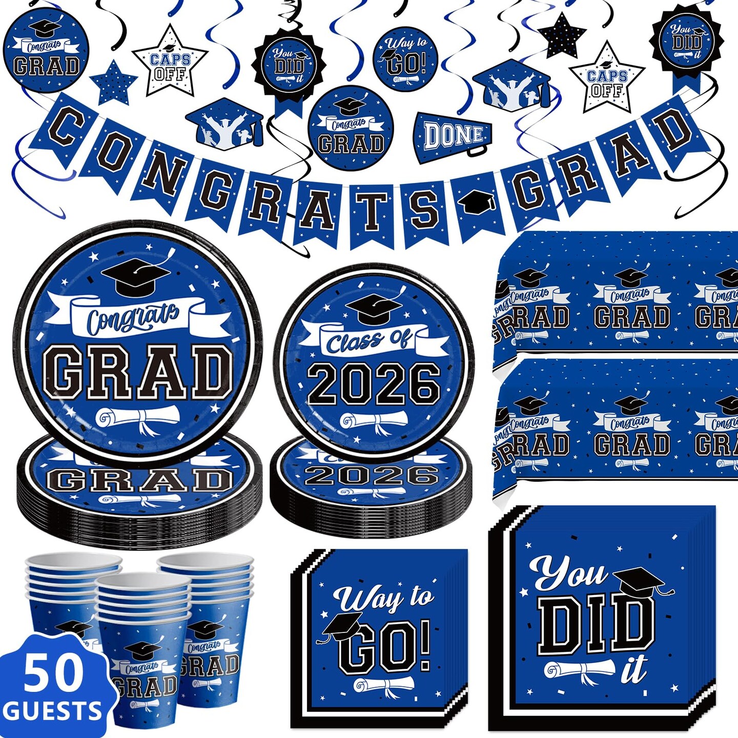 Graduation Decorations 2026 Blue, 265pcs Graduation Party Decorations 2026, Disposable Tableware Set for 50 Guests, Plates, Cups, Tablecloth with Congrats Grad Hanging Decor