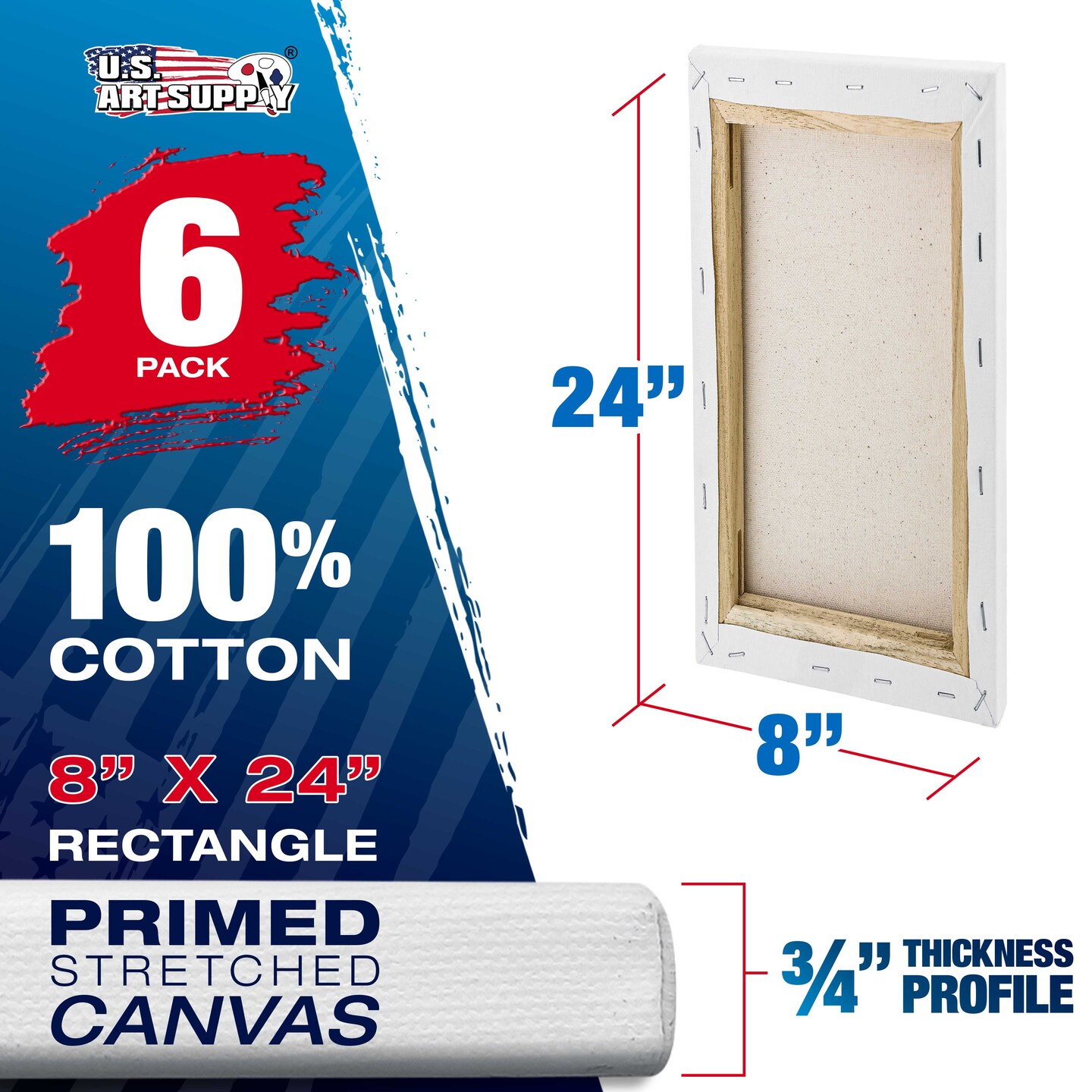 8 x 24 inch Stretched Canvas 12-Ounce Triple Primed, 6-Pack - Professional Artist Quality White Blank 3/4" Profile, 100% Cotton, Heavy-Weight Gesso