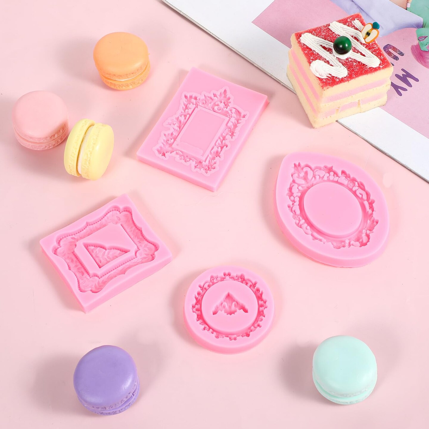 4 Pcs Photo Frame Silicone Molds, Baroque Style Air Dry Clay Molds, Mini Frame Molds Silicone for Cupcake Topper Cake Decoration Chocolate Candy Polymer Clay