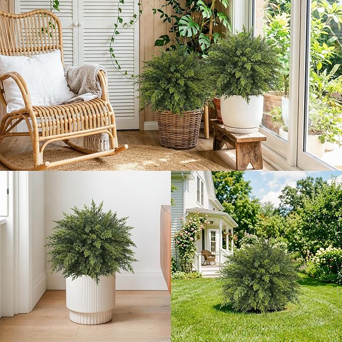 2 Pack Artificial Cedar Topiary Trees with Ground Spike 20.86" Faux Pine Shrubs Bushes UV Resistant Faux Evergreen Cedar Ball Tree for Front Door Porch Planters Indoor Outdoor Spring Summer Decor