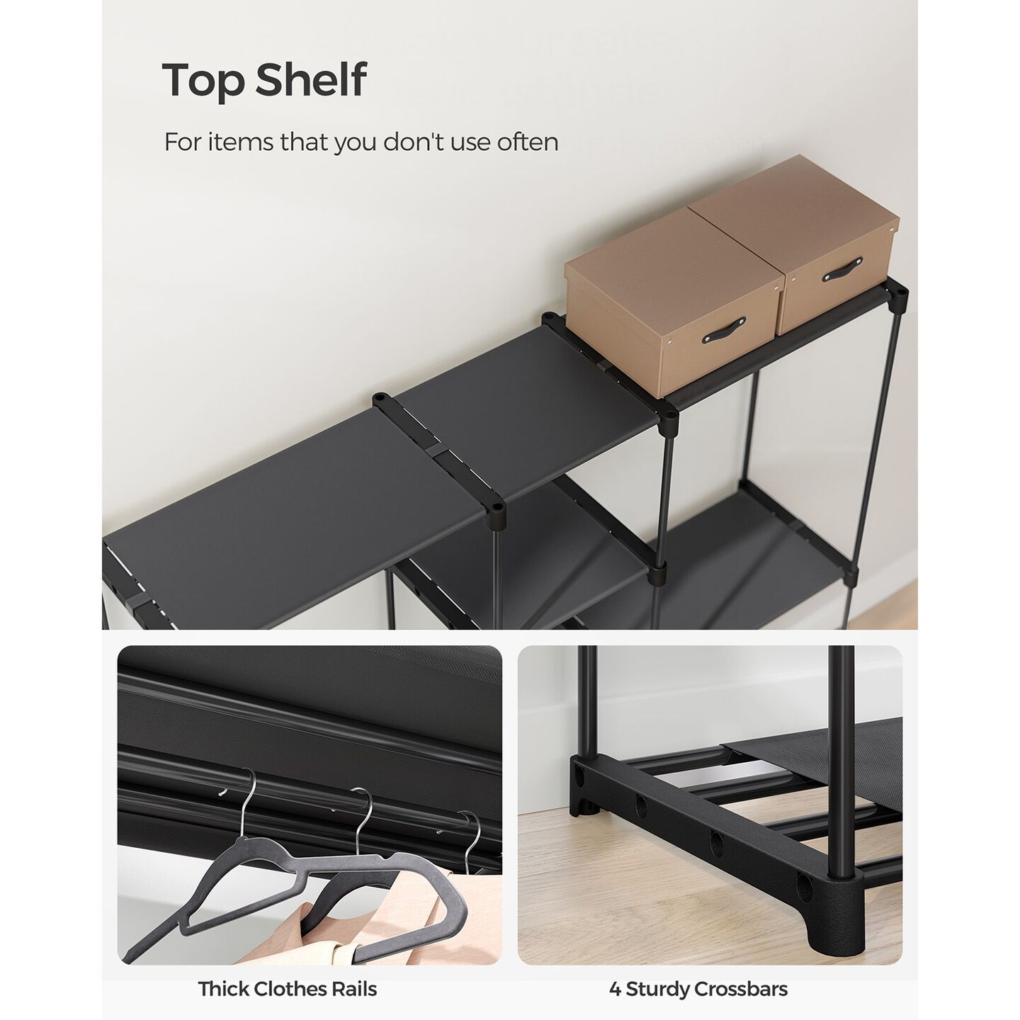 Black Metal Tubes & Plastic Connectors Fabric Shelves Portable Closet Wardrobe Rack, 3 Hanging Sections, Adjustable Shelving Design, Heavy-Duty Storage Organizer