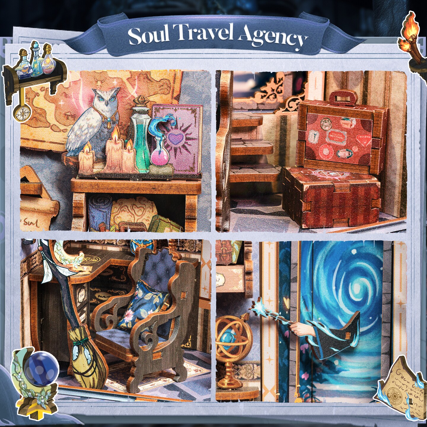 CUTEBEE Book Nook Kit Soul Travel Agency DIY Miniature House Shelf Insert Decor Diorama Kit