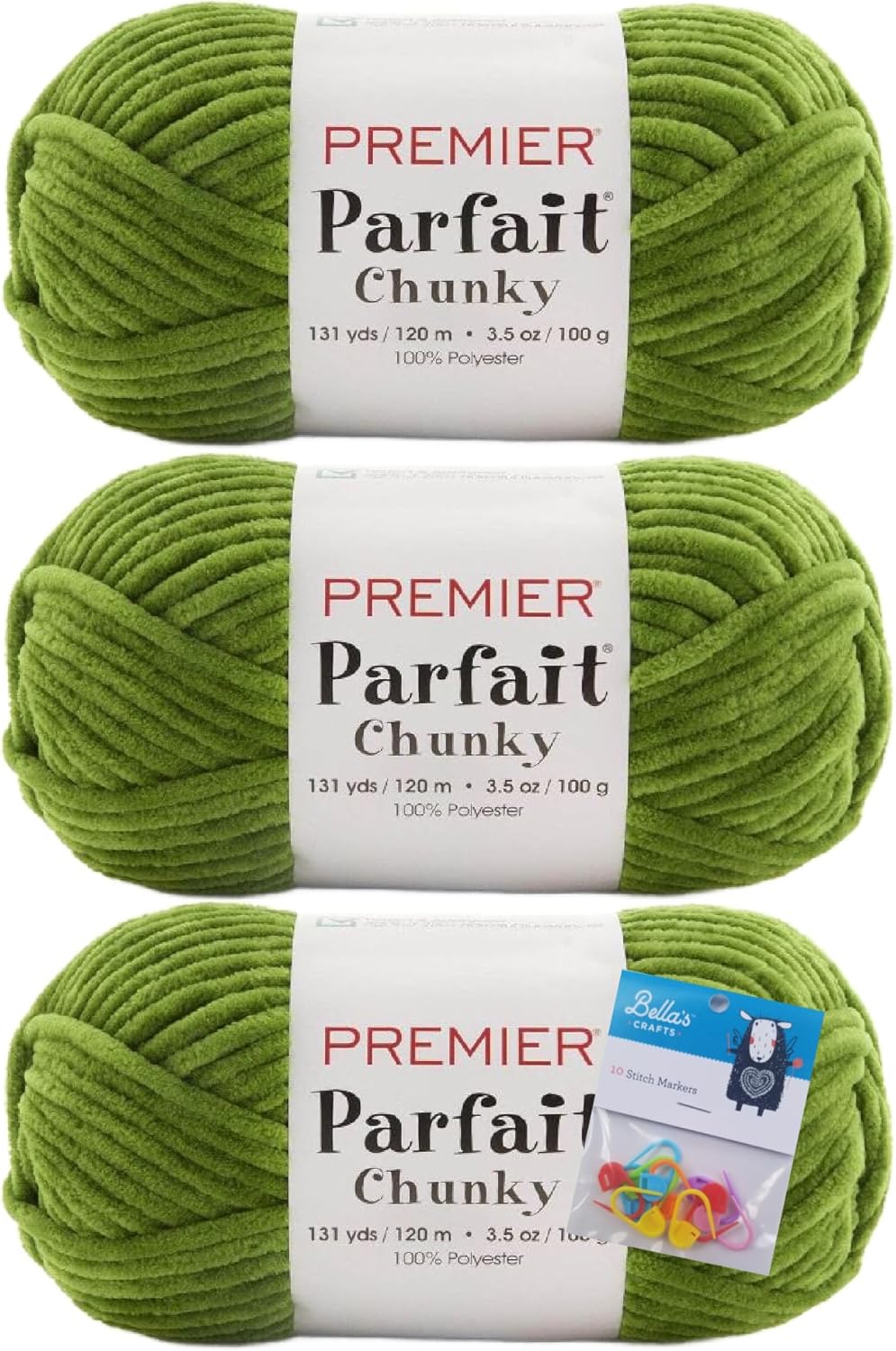 Premier Parfait Chunky Chenille Yarn Bundle – 3 Pack, #6 Super Bulky Polyester, 3.5 oz Skeins (131 yds Each) with Bella’s Stitch Place Holders – Goblin
