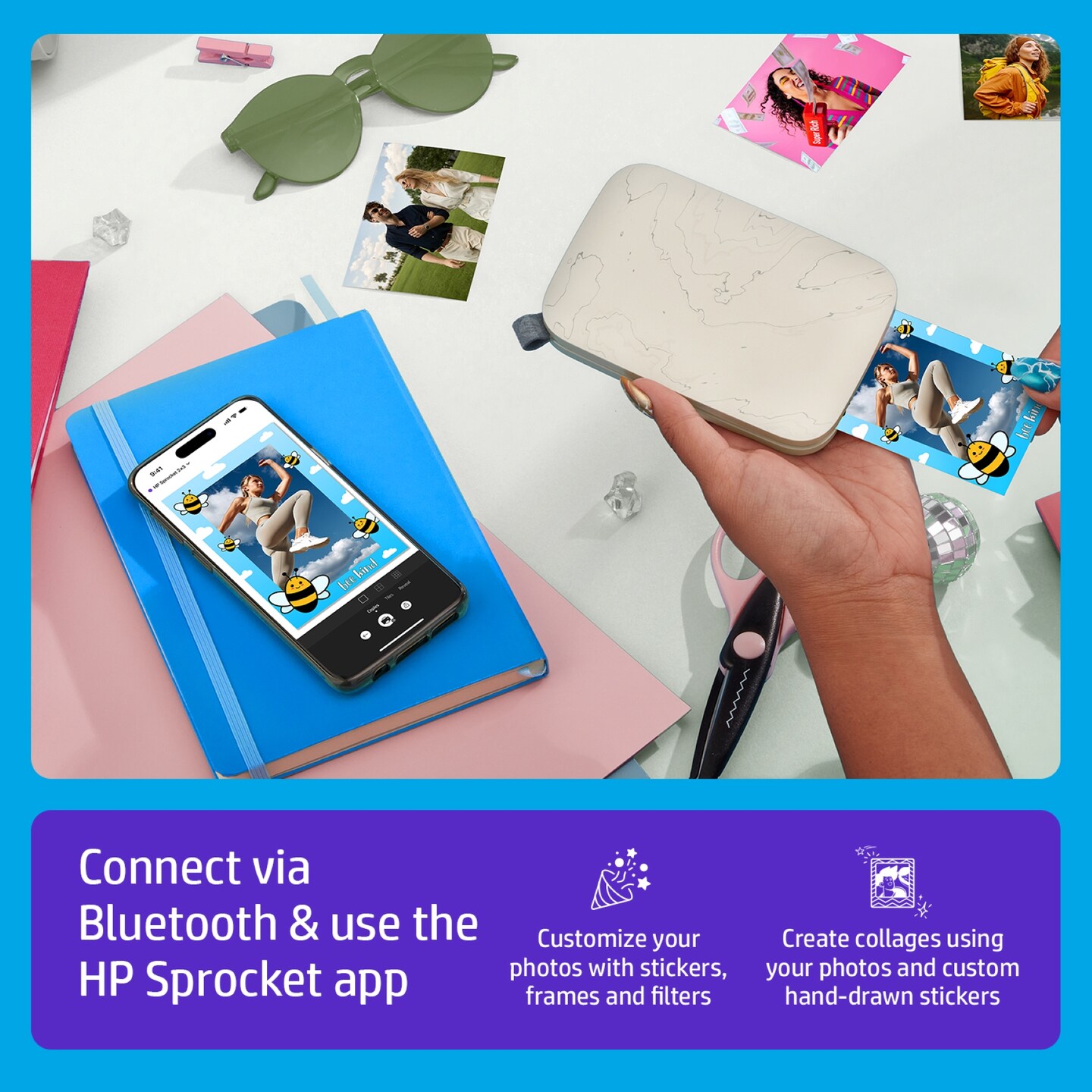 HP Sprocket Portable Printer, Zink Sticky Paper 2.3x3.4" Instant Photo Printer for iOS & Android
