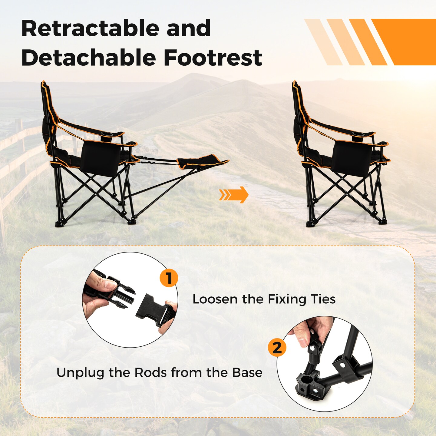 Camping Lounge Chair with Removable Footrest, Folding Chair for Camping Fishing