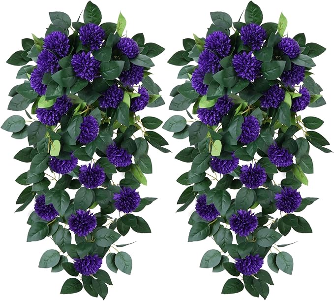 2 Pcs Artificial Flowers for Outdoors Faux Outdoor Flowers for Planters UV Resistant Purple Chrysanthemum Spring Summer Hanging Plants Outdoor for Porch Balcony Garden Yard Decorations