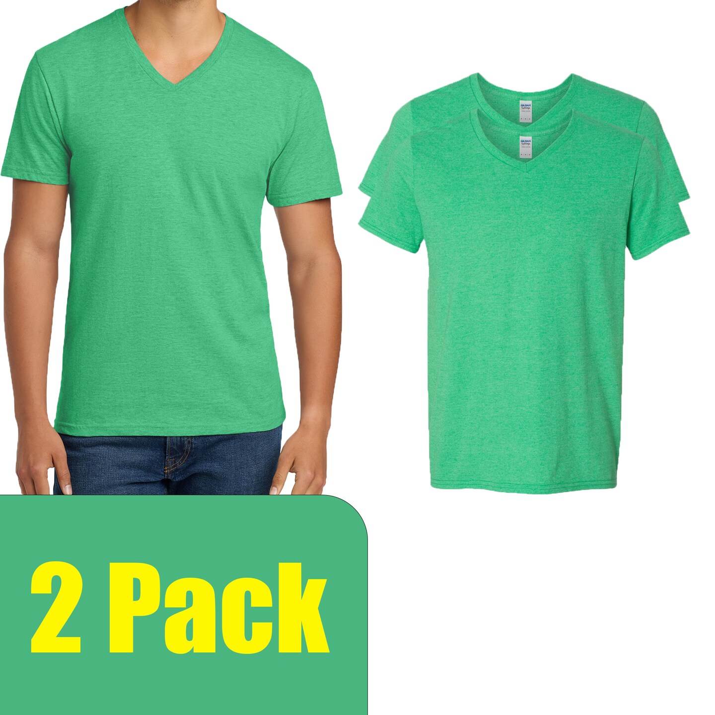 Gildan Men's Softstyle V-Neck T-Shirt, Blank Tee for DIY Craft & Custom Print, Heather Irish Green