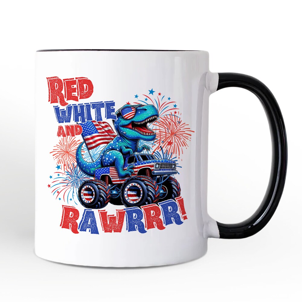 Patriotic Dinosaur Monster Truck Mug, Red White and Rawrr 4th of July Gift