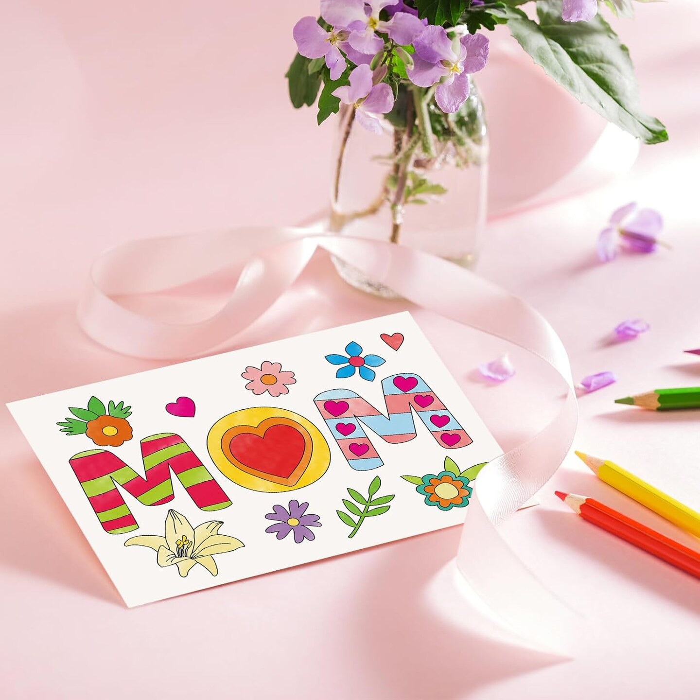 Mother’s Day Card Making Coloring Kit for Kids – 12 Pack DIY Color Your Own Flower Greeting Cards with Envelopes & Stickers, 5 x 7 Classroom Craft Activity Gifts for Mom