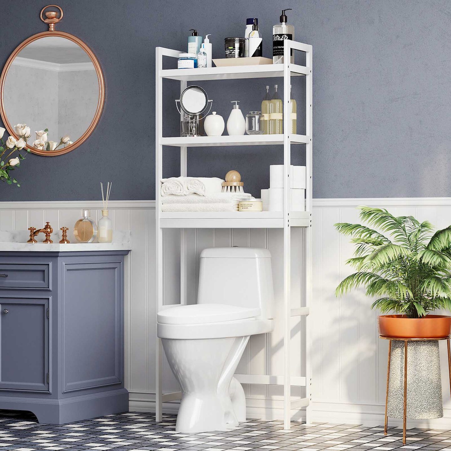 Bathroom Over Toilet Storage Rack 3 Tier Bamboo Organizer with Adjustable Shelf, Hooks and Tissue Holder for Efficient Bathroom Storage